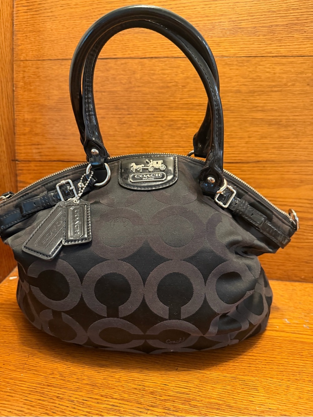 Coach Madison Black Signature Satchel with Patent Handles